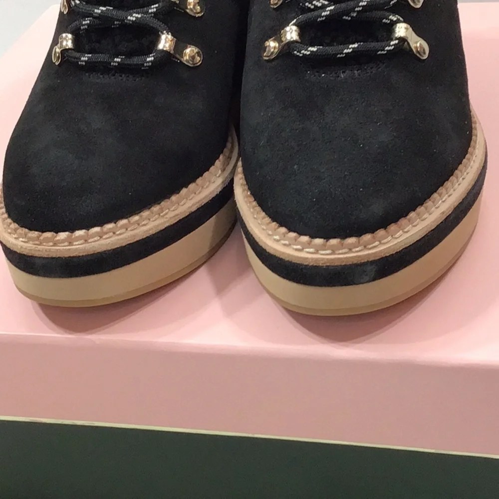 Kate Spade Black suede lamb fur Willow wedge heel Winter Boots with Tan Sole NIB